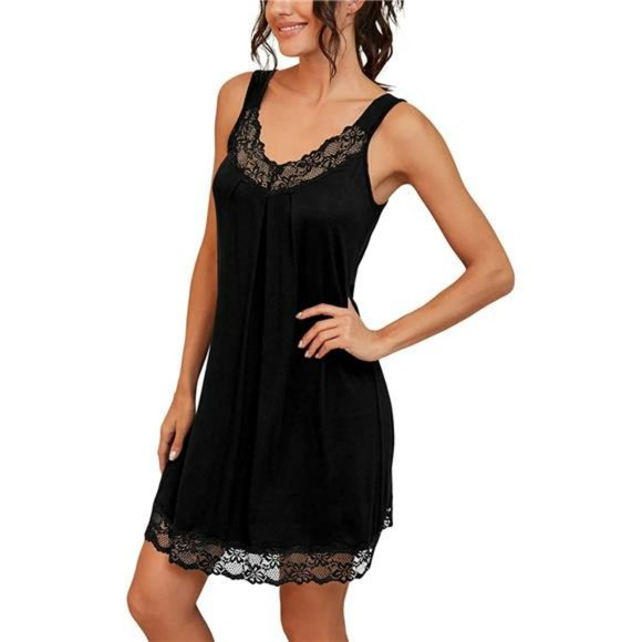 Women's Loose Full Slips Lace Nightgown Chemise Sleepwear Cotton Jersey Lingerie - Picture 4 of 5